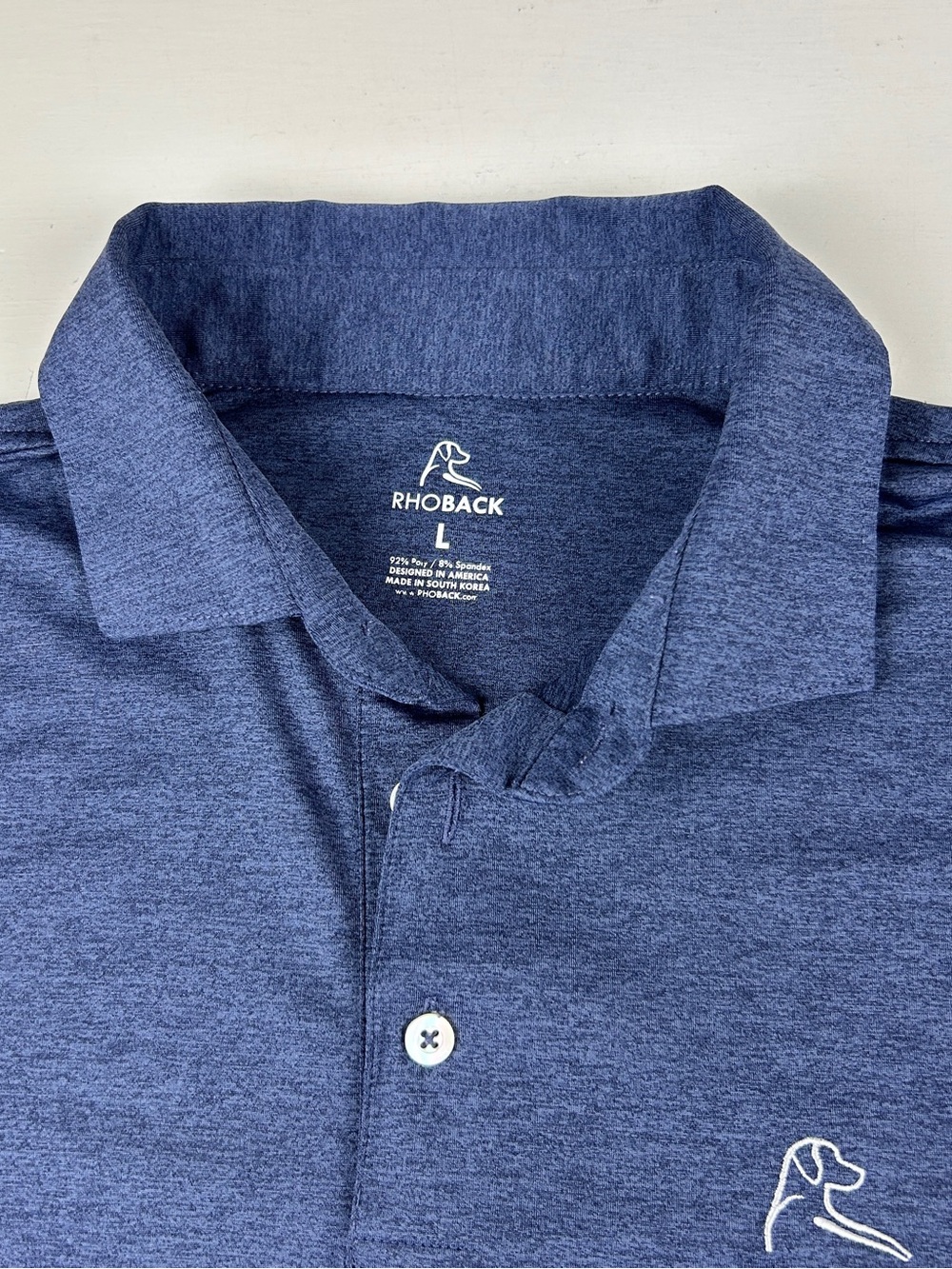 RHOBACK Blue Golf Polo Men’s Large Colliers Logo Sleeve - Picture 3 of 6